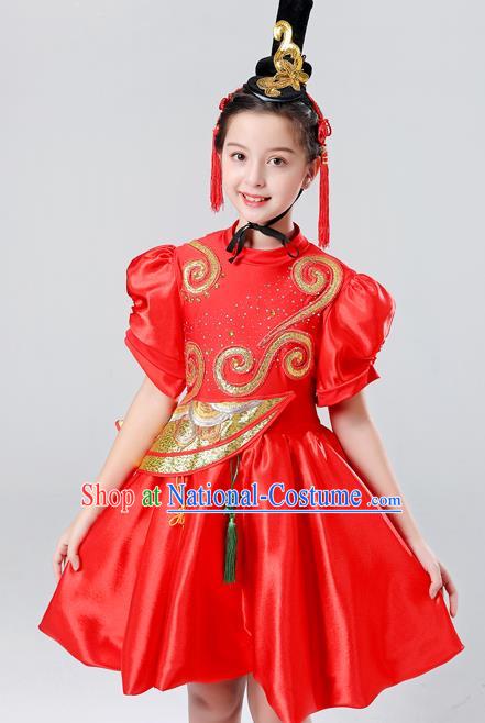 Chinese Yangge Performance Clothing Children Yangko Dance Uniforms Folk Dance Costumes Drum Dance Red Dress