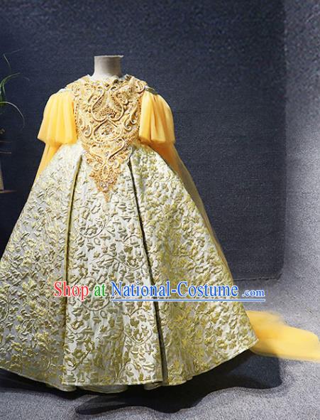 Top Girl Compere Performance Garment Catwalks Yellow Long Dress Christmas Formal Evening Wear Children Stage Show Clothing