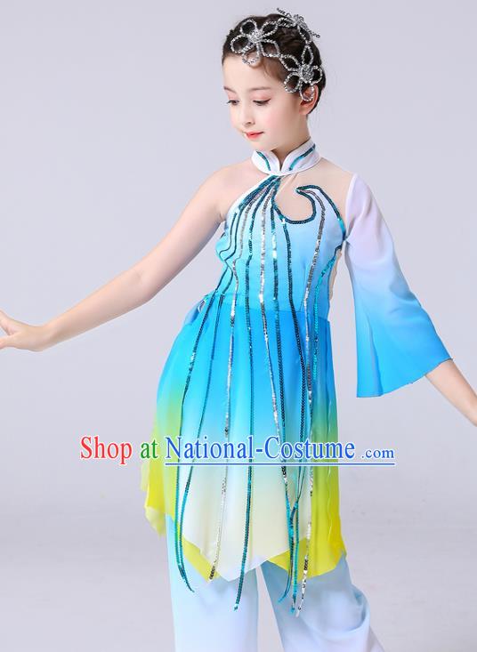 China Girl Stage Performance Dancewear Umbrella Dance Clothing Lotus Dance Blue Outfits Children Classical Dance Costumes