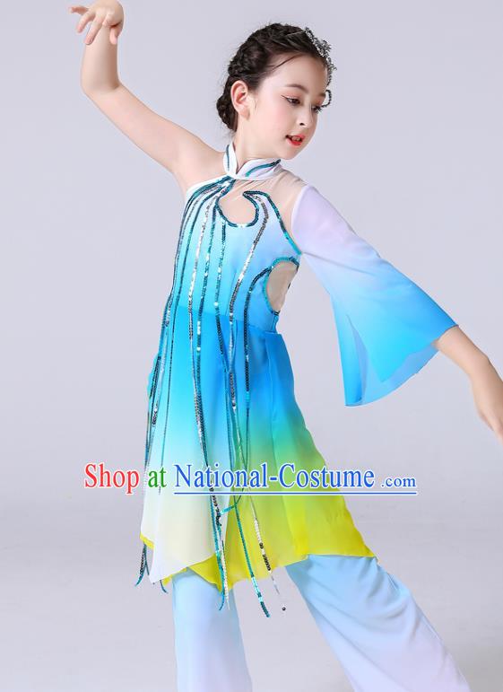 China Girl Stage Performance Dancewear Umbrella Dance Clothing Lotus Dance Blue Outfits Children Classical Dance Costumes