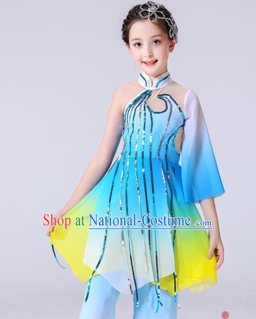 China Girl Stage Performance Dancewear Umbrella Dance Clothing Lotus Dance Blue Outfits Children Classical Dance Costumes