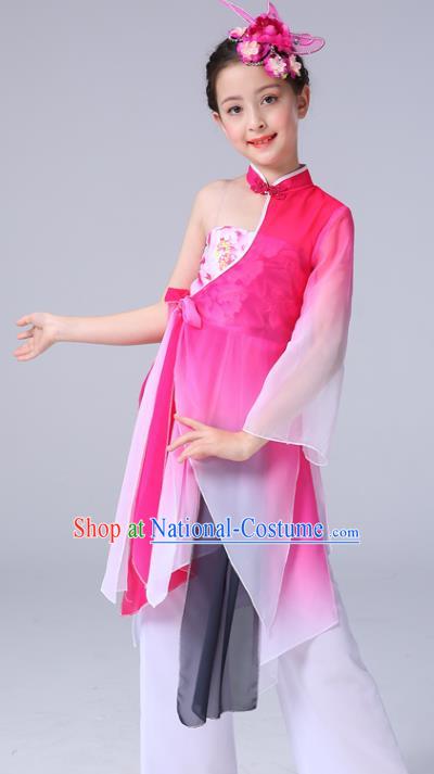 China Children Classical Dance Costumes Girl Stage Performance Dancewear Umbrella Dance Clothing Peony Dance Rosy Outfits