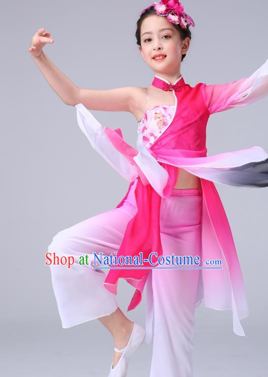 China Children Classical Dance Costumes Girl Stage Performance Dancewear Umbrella Dance Clothing Peony Dance Rosy Outfits