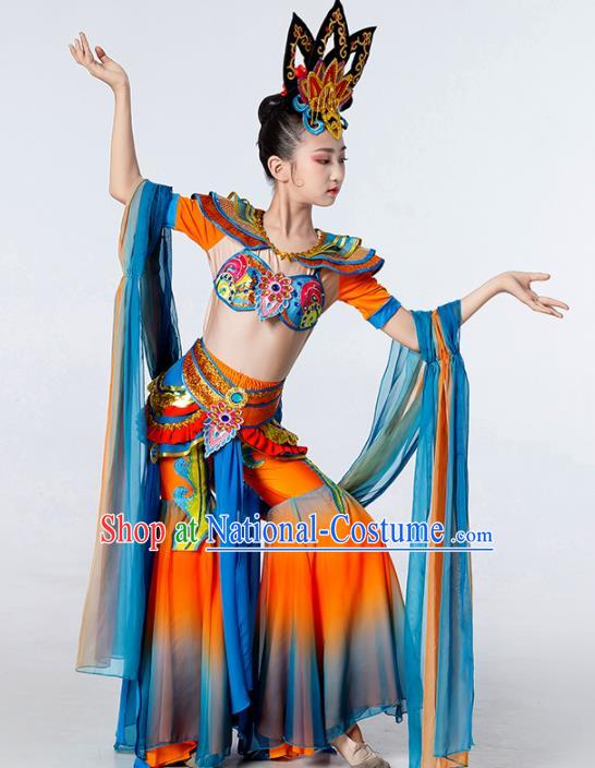 China Children Classical Dance Costumes Girl Stage Performance Dancewear Dunhuang Dance Clothing Flying Apsaras Dance Orange Outfits