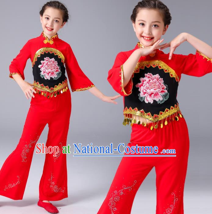 Chinese Folk Dance Costumes Fan Dance Dress Yangge Performance Clothing Children Yangko Dance Red Uniforms