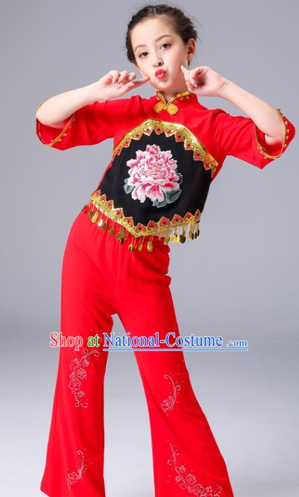 Chinese Folk Dance Costumes Fan Dance Dress Yangge Performance Clothing Children Yangko Dance Red Uniforms