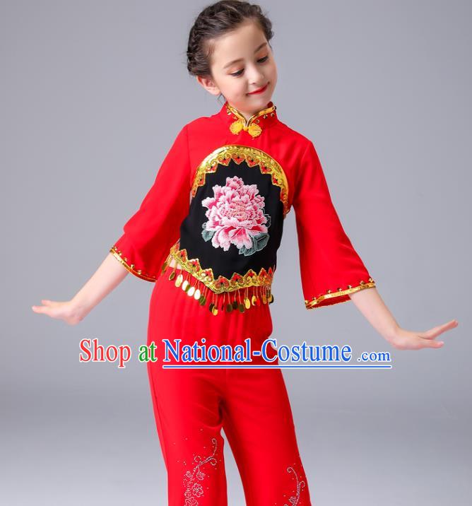 Chinese Folk Dance Costumes Fan Dance Dress Yangge Performance Clothing Children Yangko Dance Red Uniforms