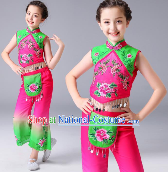 Chinese Children Yangko Dance Rosy Uniforms Folk Dance Costumes Fan Dance Dress Yangge Performance Clothing