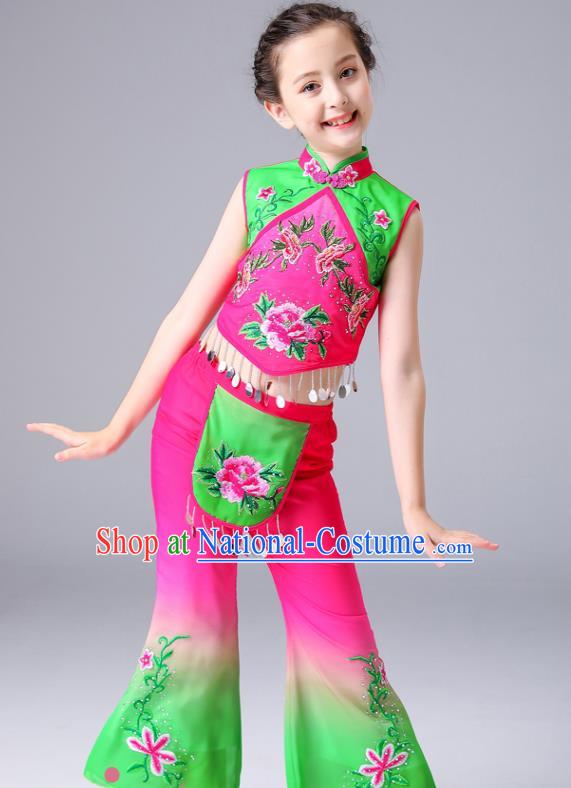 Chinese Children Yangko Dance Rosy Uniforms Folk Dance Costumes Fan Dance Dress Yangge Performance Clothing