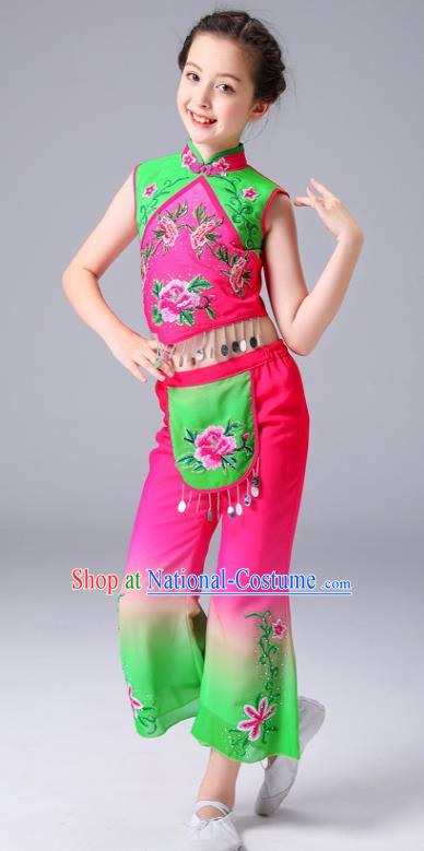 Chinese Children Yangko Dance Rosy Uniforms Folk Dance Costumes Fan Dance Dress Yangge Performance Clothing