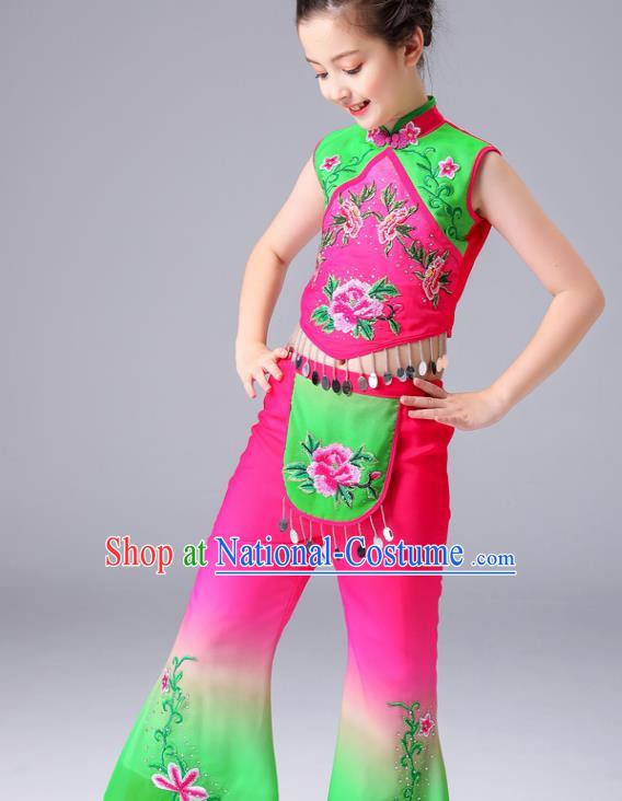 Chinese Children Yangko Dance Rosy Uniforms Folk Dance Costumes Fan Dance Dress Yangge Performance Clothing