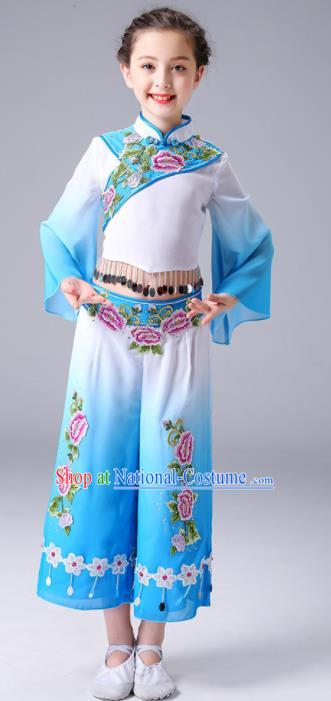 Chinese Yangge Performance Clothing Children Yangko Dance Blue Uniforms Folk Dance Costumes Girl Fan Dance Dress