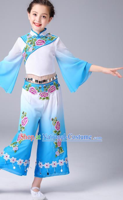 Chinese Yangge Performance Clothing Children Yangko Dance Blue Uniforms Folk Dance Costumes Girl Fan Dance Dress