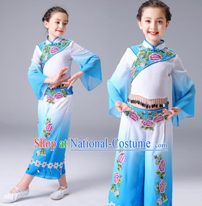 Chinese Yangge Performance Clothing Children Yangko Dance Blue Uniforms Folk Dance Costumes Girl Fan Dance Dress