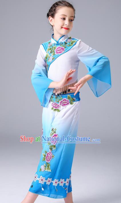 Chinese Yangge Performance Clothing Children Yangko Dance Blue Uniforms Folk Dance Costumes Girl Fan Dance Dress