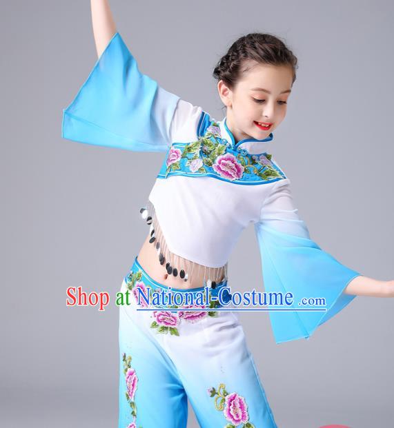 Chinese Yangge Performance Clothing Children Yangko Dance Blue Uniforms Folk Dance Costumes Girl Fan Dance Dress