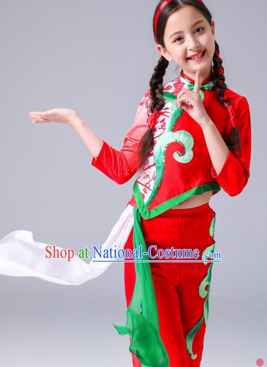 Chinese Folk Dance Costumes Girl Fan Dance Dress Yangge Performance Clothing Children Yangko Dance Red Uniforms