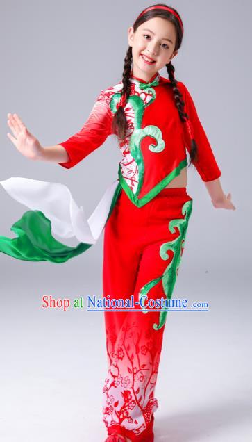 Chinese Folk Dance Costumes Girl Fan Dance Dress Yangge Performance Clothing Children Yangko Dance Red Uniforms