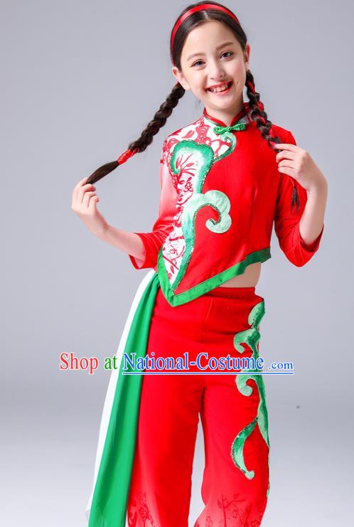 Chinese Folk Dance Costumes Girl Fan Dance Dress Yangge Performance Clothing Children Yangko Dance Red Uniforms