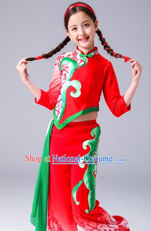 Chinese Folk Dance Costumes Girl Fan Dance Dress Yangge Performance Clothing Children Yangko Dance Red Uniforms