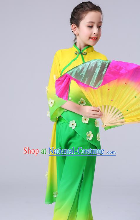 Chinese Yangge Performance Clothing Children Yangko Dance Yellow Uniforms Folk Dance Costumes Girl Jasmine Flower Dance Dress