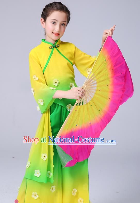 Chinese Yangge Performance Clothing Children Yangko Dance Yellow Uniforms Folk Dance Costumes Girl Jasmine Flower Dance Dress