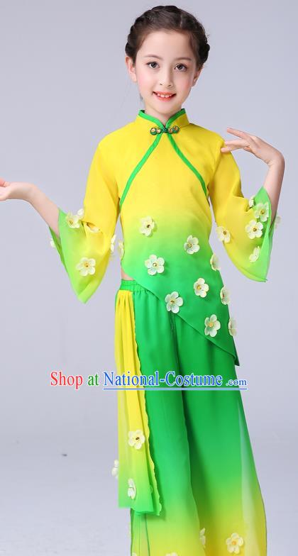 Chinese Yangge Performance Clothing Children Yangko Dance Yellow Uniforms Folk Dance Costumes Girl Jasmine Flower Dance Dress