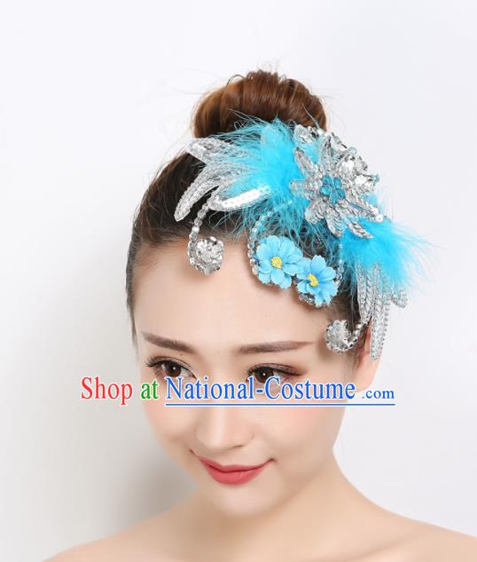 China Folk Dance Hair Accessories Woman Yangko Dance Blue Feather Headpiece Dai Nationality Peacock Dance Hair Stick