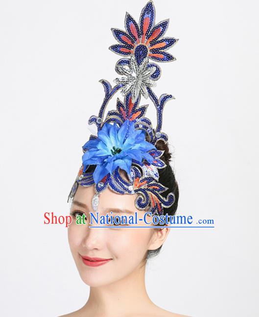 China Woman Group Dance Royalblue Sequins Hair Stick Modern Dance Hair Accessories Spring Festival Gala Opening Dance Headpiece