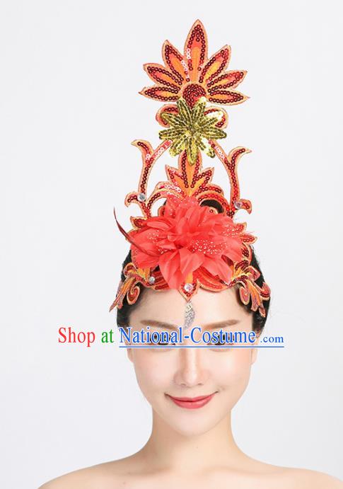 China Spring Festival Gala Opening Dance Headpiece Woman Group Dance Red Flower Sequins Hair Stick Modern Dance Hair Accessories