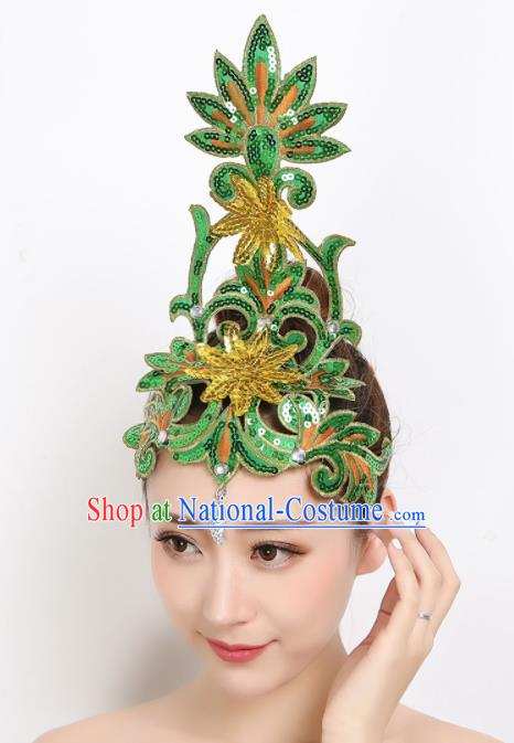 China New Year Folk Dance Headpiece Woman Yangko Dance Green Sequins Hair Stick Group Dance Hair Accessories