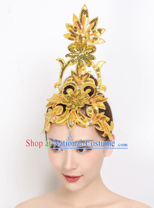 China Woman Yangko Dance Yellow Sequins Hair Stick Group Dance Hair Accessories New Year Folk Dance Headpiece