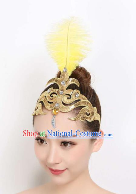 China Woman Peacock Dance Hair Accessories Dai Nationality Folk Dance Headpiece Yangko Dance Yellow Feather Hair Stick