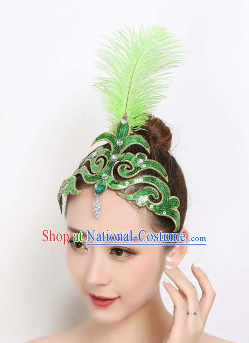 China Yangko Dance Green Feather Hair Stick Woman Peacock Dance Hair Accessories Dai Nationality Folk Dance Headpiece