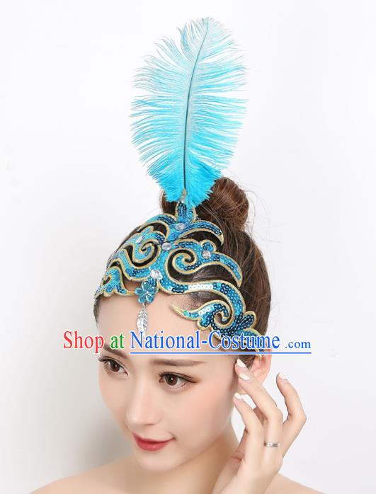 China Folk Dance Hair Accessories Dai Nationality Peacock Dance Blue Feather Headpiece Woman Group Dance Hair Stick