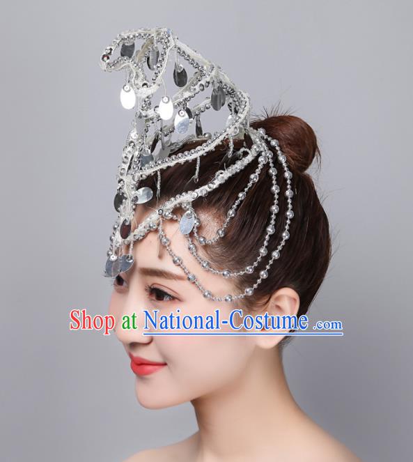 China Woman Opening Dance Argent Tassel Hair Stick Folk Dance Hair Accessories Yangko Dance Headdress