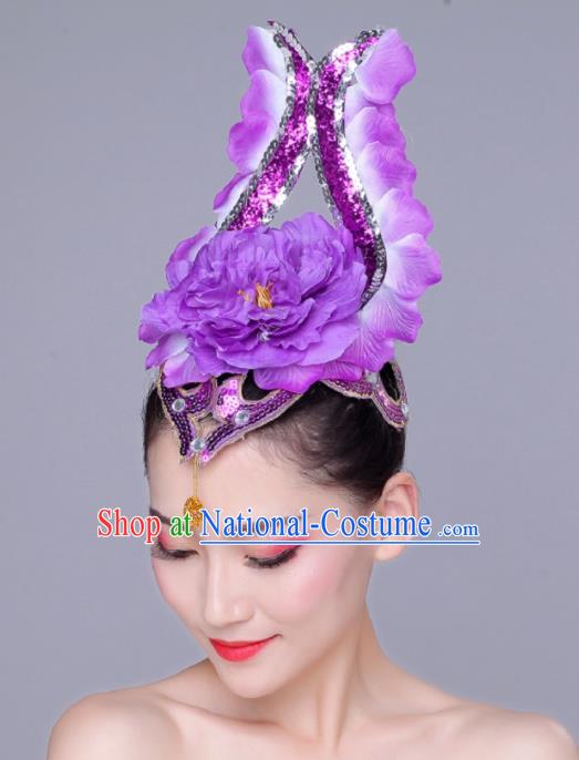 China Opening Dance Headdress Woman Group Modern Dance Purple Peony Hair Crown Flower Dance Dance Hair Accessories