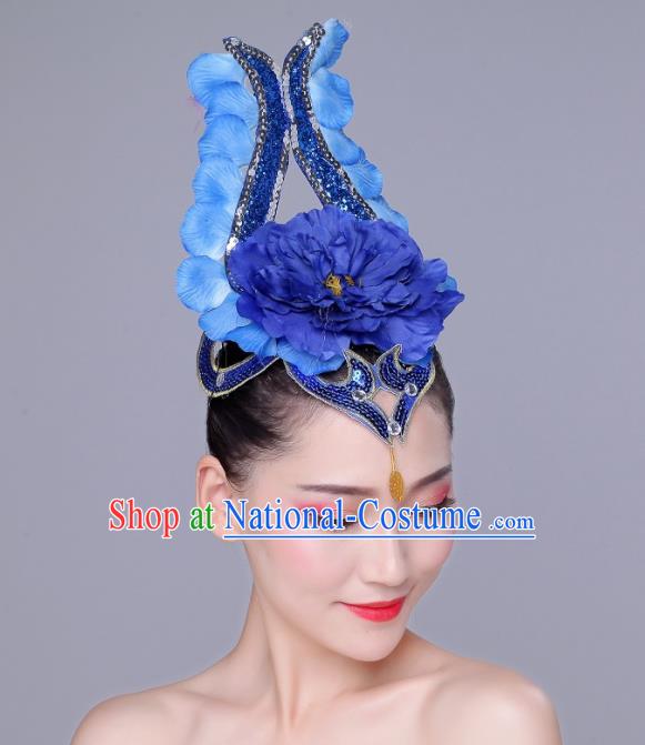 China Flower Dance Dance Hair Accessories Opening Dance Headdress Woman Group Modern Dance Royalblue Peony Hair Crown