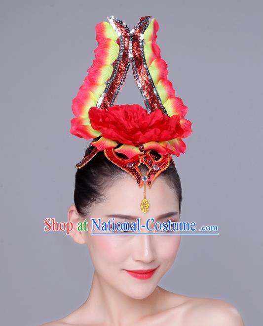 China Opening Peony Dance Headpiece Woman Group Dance Red Flower Hair Crown Modern Dance Hair Accessories