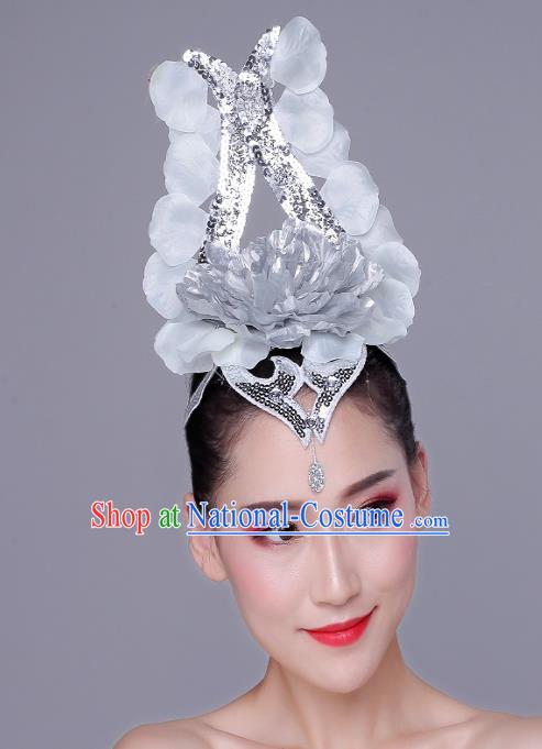 China Modern Dance Hair Accessories Opening Peony Dance Headpiece Woman Group Dance Argent Flower Hair Crown