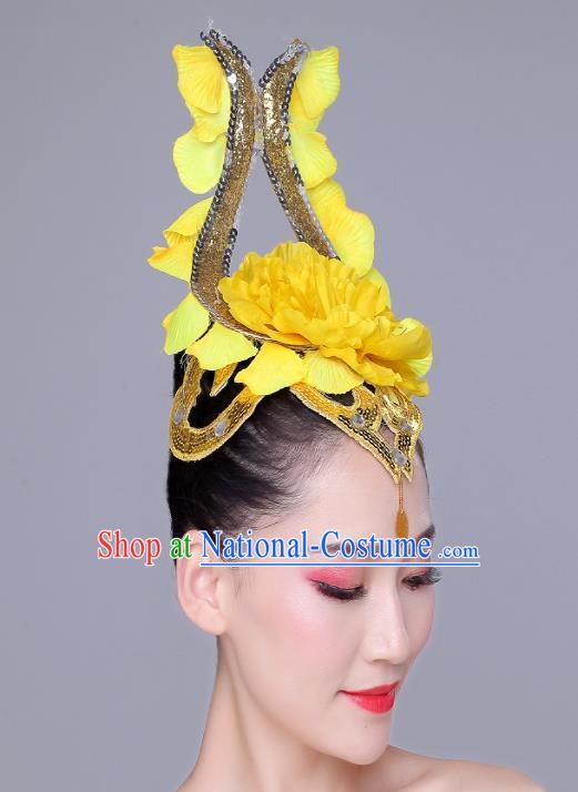 China Woman Group Dance Yellow Flower Hair Crown Modern Dance Hair Accessories Opening Peony Dance Headpiece