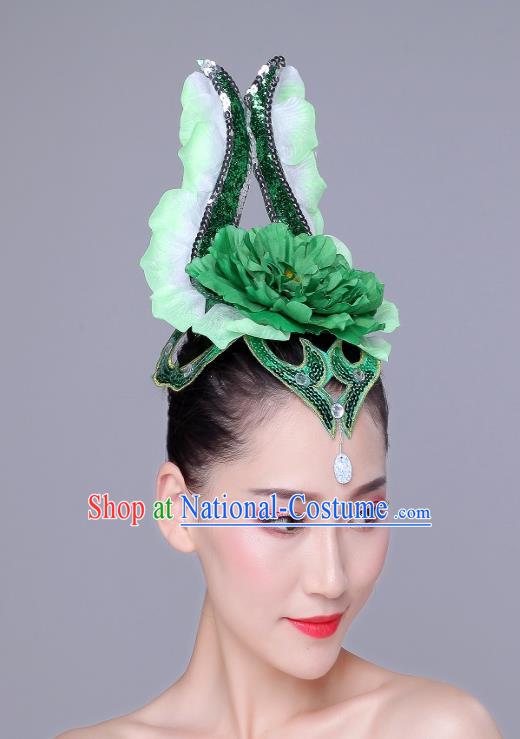 China Spring Festival Gala Peony Dance Headpiece Woman Opening Dance Group Dance Green Flower Hair Crown Modern Dance Hair Accessories