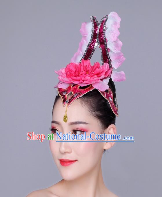 China Modern Dance Hair Accessories Spring Festival Gala Peony Dance Headpiece Woman Opening Dance Group Dance Pink Flower Hair Crown