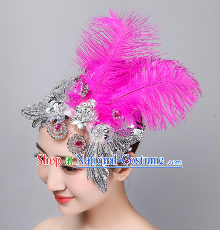 China Folk Dance Headpiece Woman Group Dance Rosy Feather Hair Stick Yangko Dance Hair Accessories