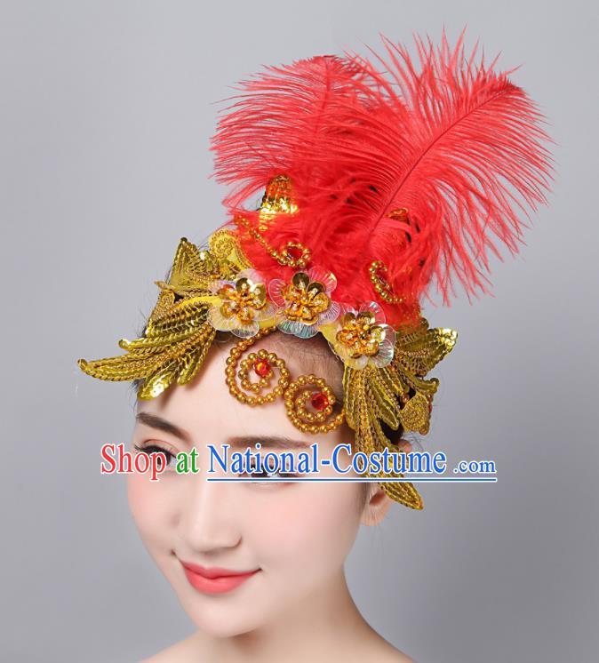 China Yangko Dance Hair Accessories Folk Dance Headpiece Woman Group Dance Red Feather Hair Stick