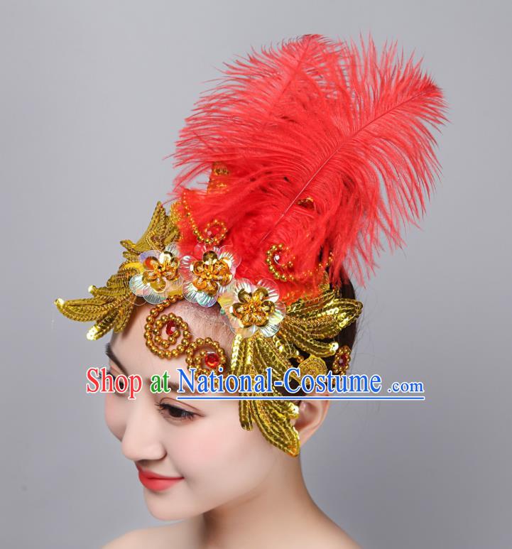 China Yangko Dance Hair Accessories Folk Dance Headpiece Woman Group Dance Red Feather Hair Stick