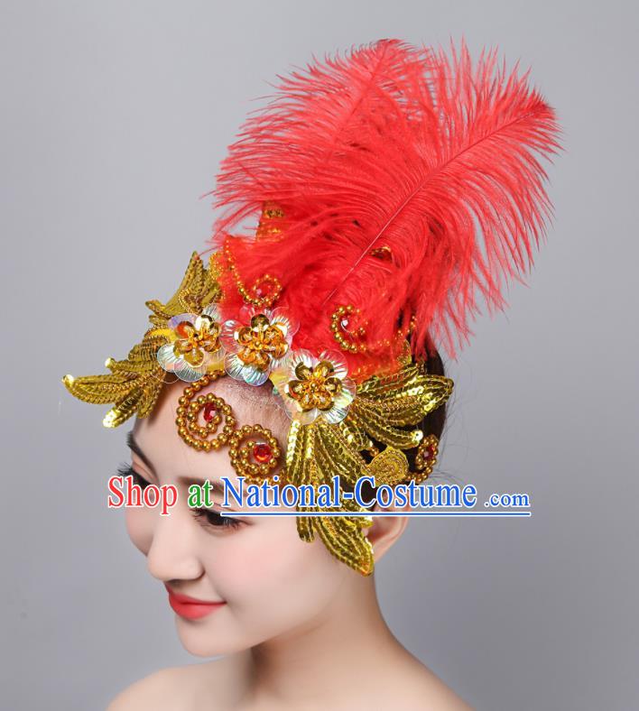 China Yangko Dance Hair Accessories Folk Dance Headpiece Woman Group Dance Red Feather Hair Stick