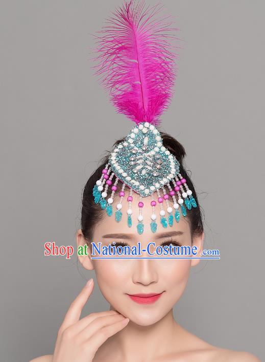 China Mongol Nationality Dance Rosy Feather Hair Stick Yangko Dance Hair Accessories Woman Group Dance Headpiece