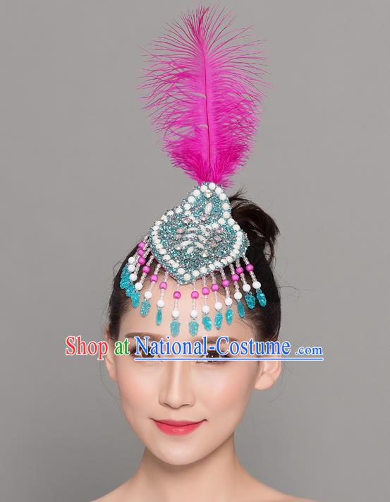 China Mongol Nationality Dance Rosy Feather Hair Stick Yangko Dance Hair Accessories Woman Group Dance Headpiece