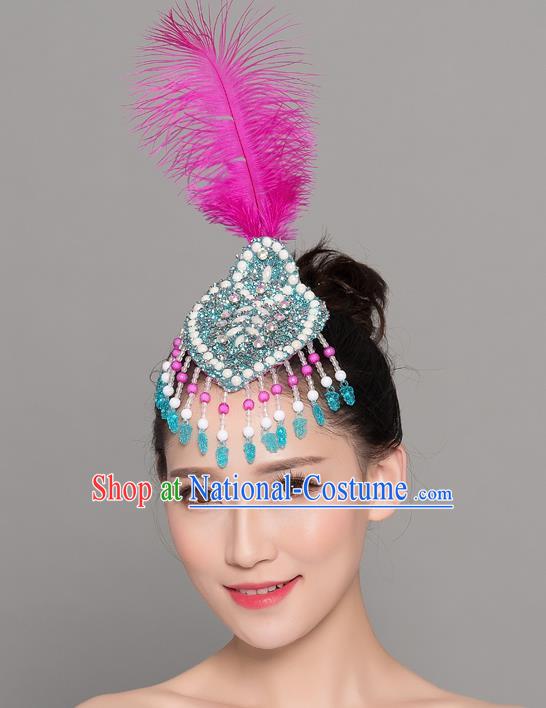 China Mongol Nationality Dance Rosy Feather Hair Stick Yangko Dance Hair Accessories Woman Group Dance Headpiece